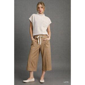 Anthropologie MAEVE Tan Linen Blend Ultra Wide Leg Crop Culotte Pants, Size S
